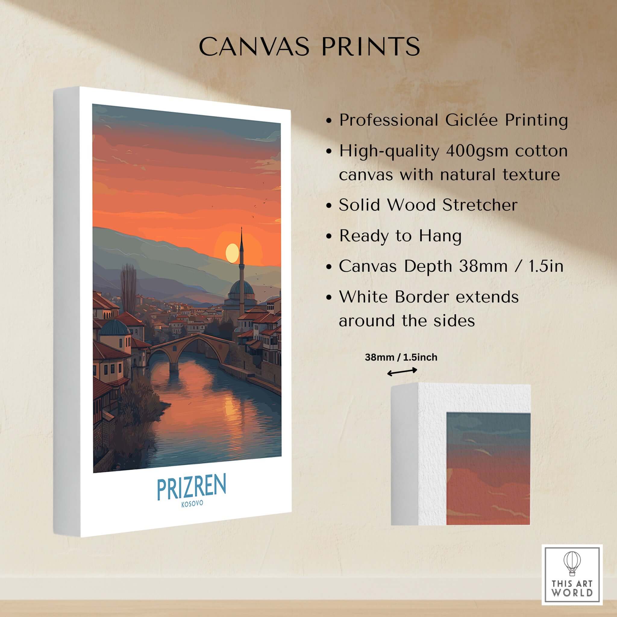 Prizren Kosovo Sunset Art Print | River Bistrica View Poster showcasing high-quality canvas print features.
