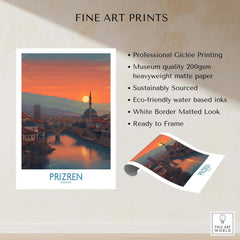 Prizren Kosovo Sunset Art Print | River Bistrica View Poster showcasing sunset over River Bistrica in Prizren.