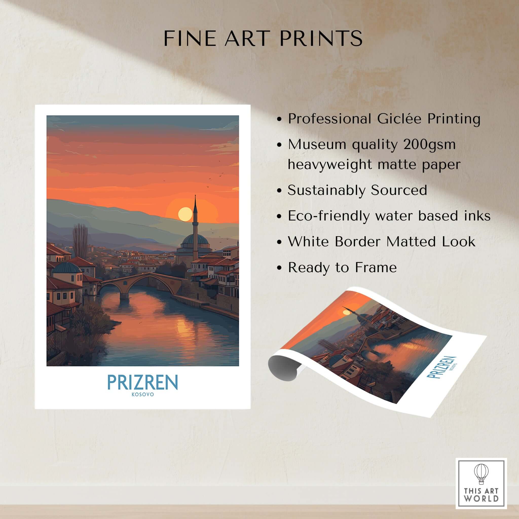 Prizren Kosovo Sunset Art Print | River Bistrica View Poster showcasing sunset over River Bistrica in Prizren.