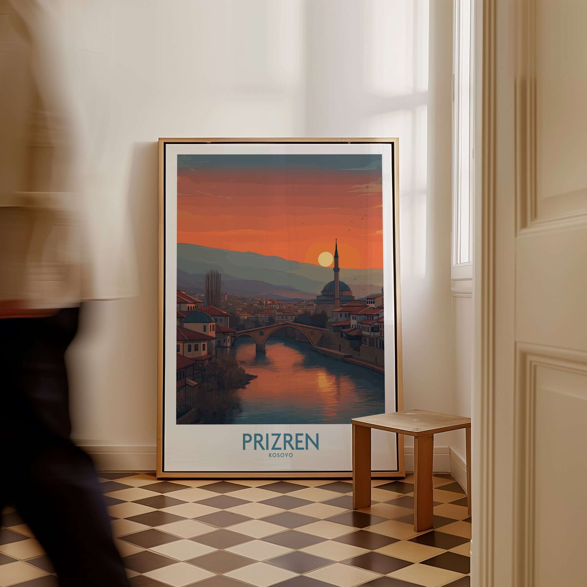 Prizren Kosovo Sunset Art Print | River Bistrica View Poster displayed in a stylish interior setting.