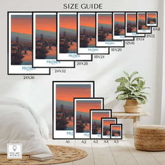 Prizren Kosovo Sunset Art Print | River Bistrica View Poster size guide showcasing various frame dimensions.
