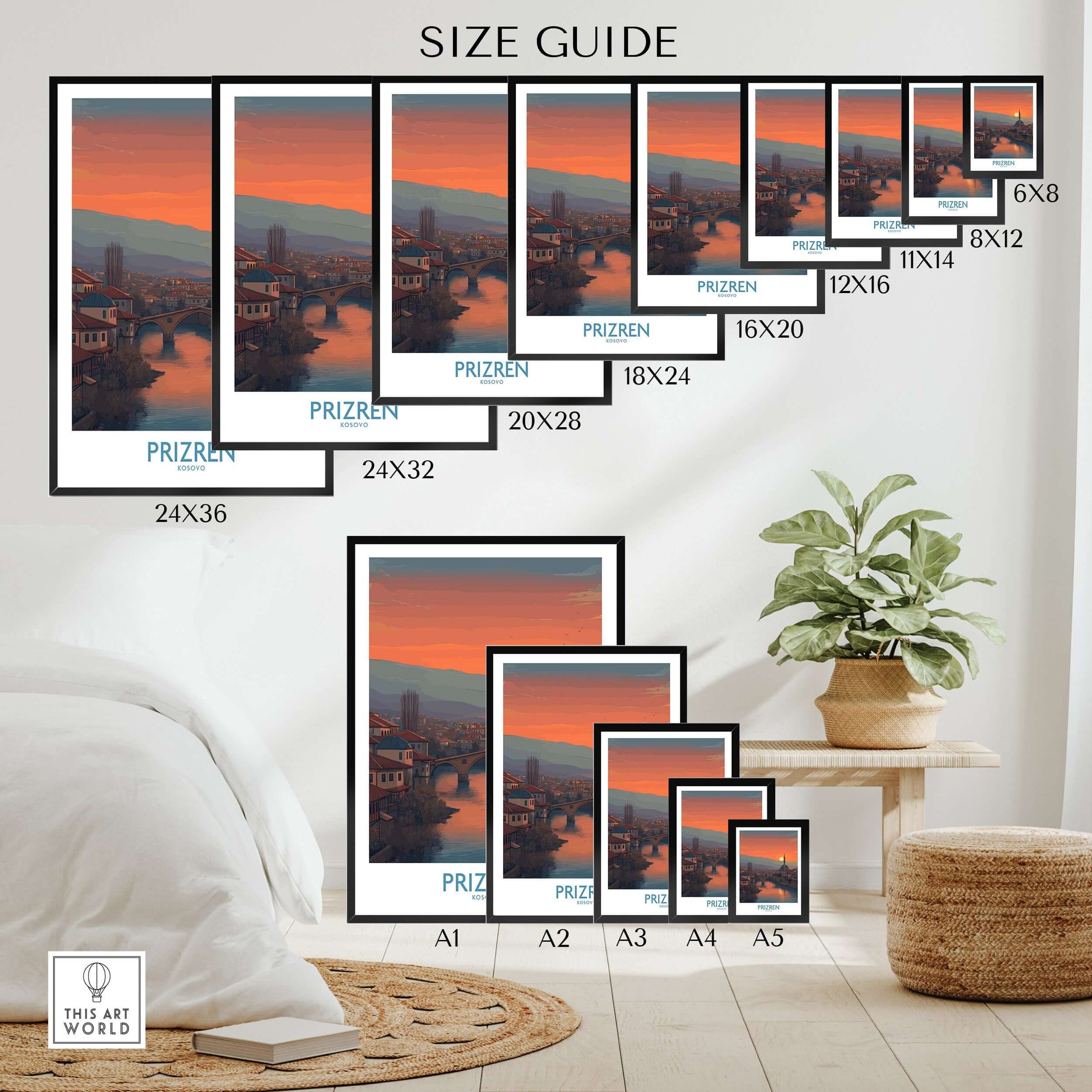 Prizren Kosovo Sunset Art Print | River Bistrica View Poster size guide showcasing various frame dimensions.