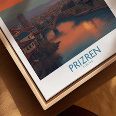 Prizren Kosovo Sunset Art Print | River Bistrica View Poster featuring a serene landscape and historic city silhouette.