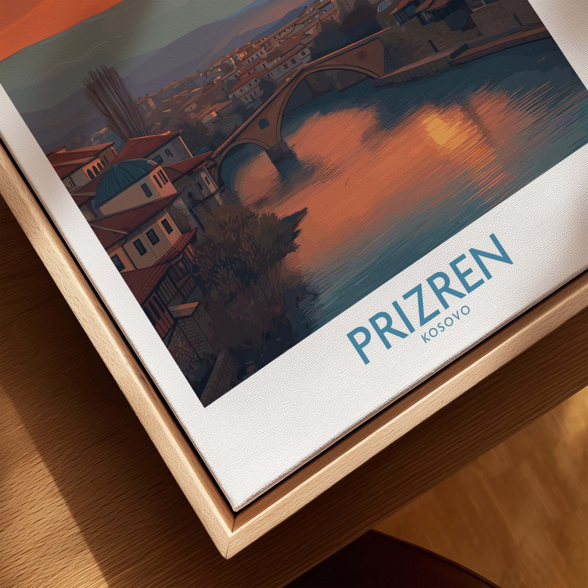 Prizren Kosovo Sunset Art Print | River Bistrica View Poster featuring a serene landscape and historic city silhouette.