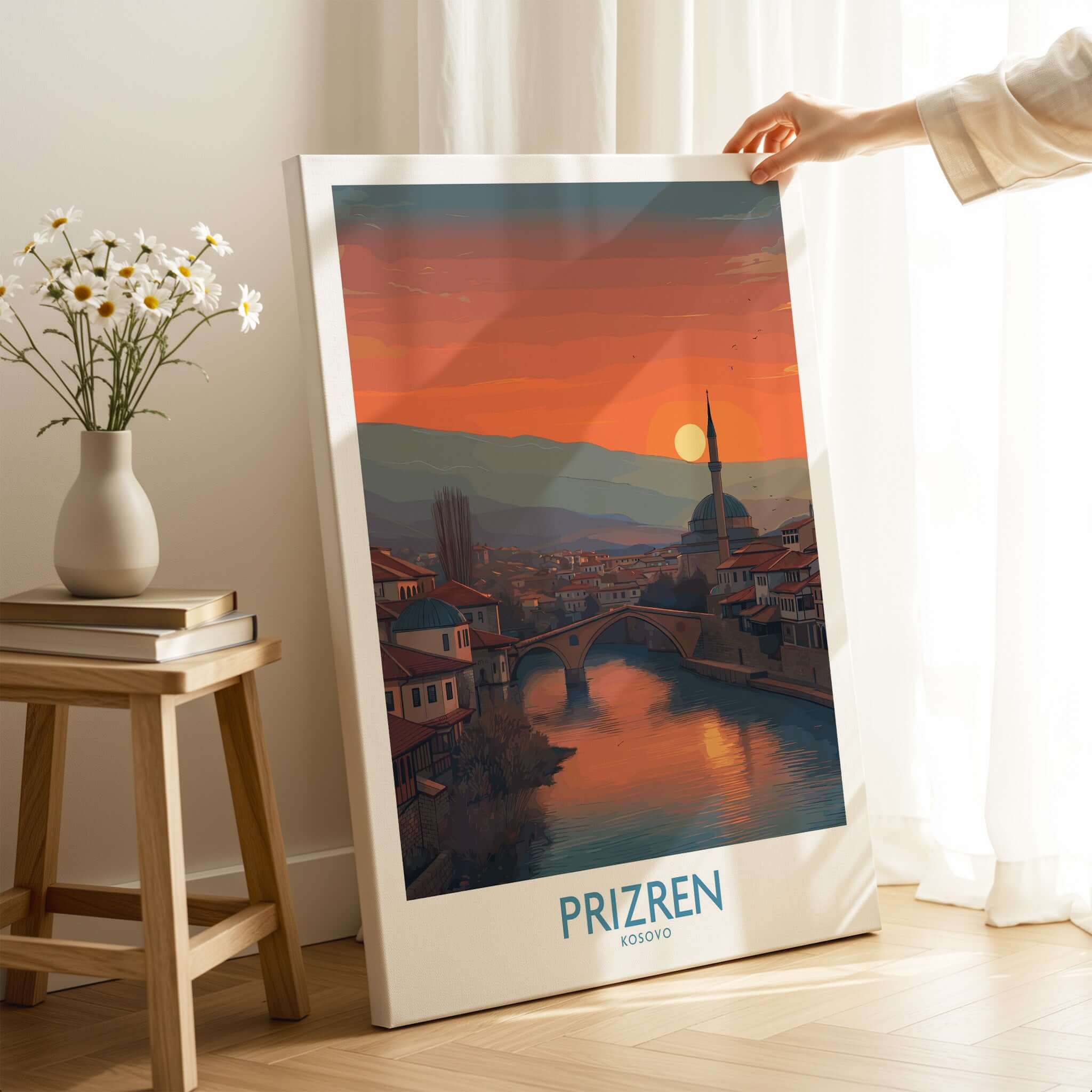Prizren Kosovo Sunset Art Print | River Bistrica View Poster displaying a vibrant sunset over the River Bistrica in Prizren.