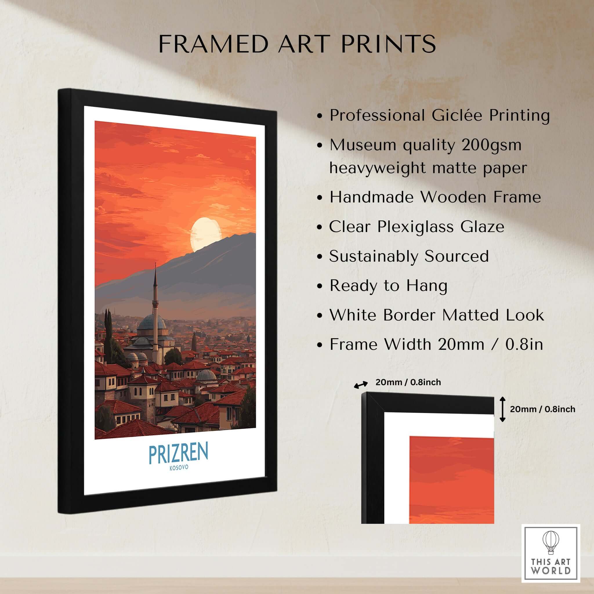 Prizren Kosovo Sunset Old Town Art Print | Sinan Pasha Mosque Poster showcasing framed art print details.