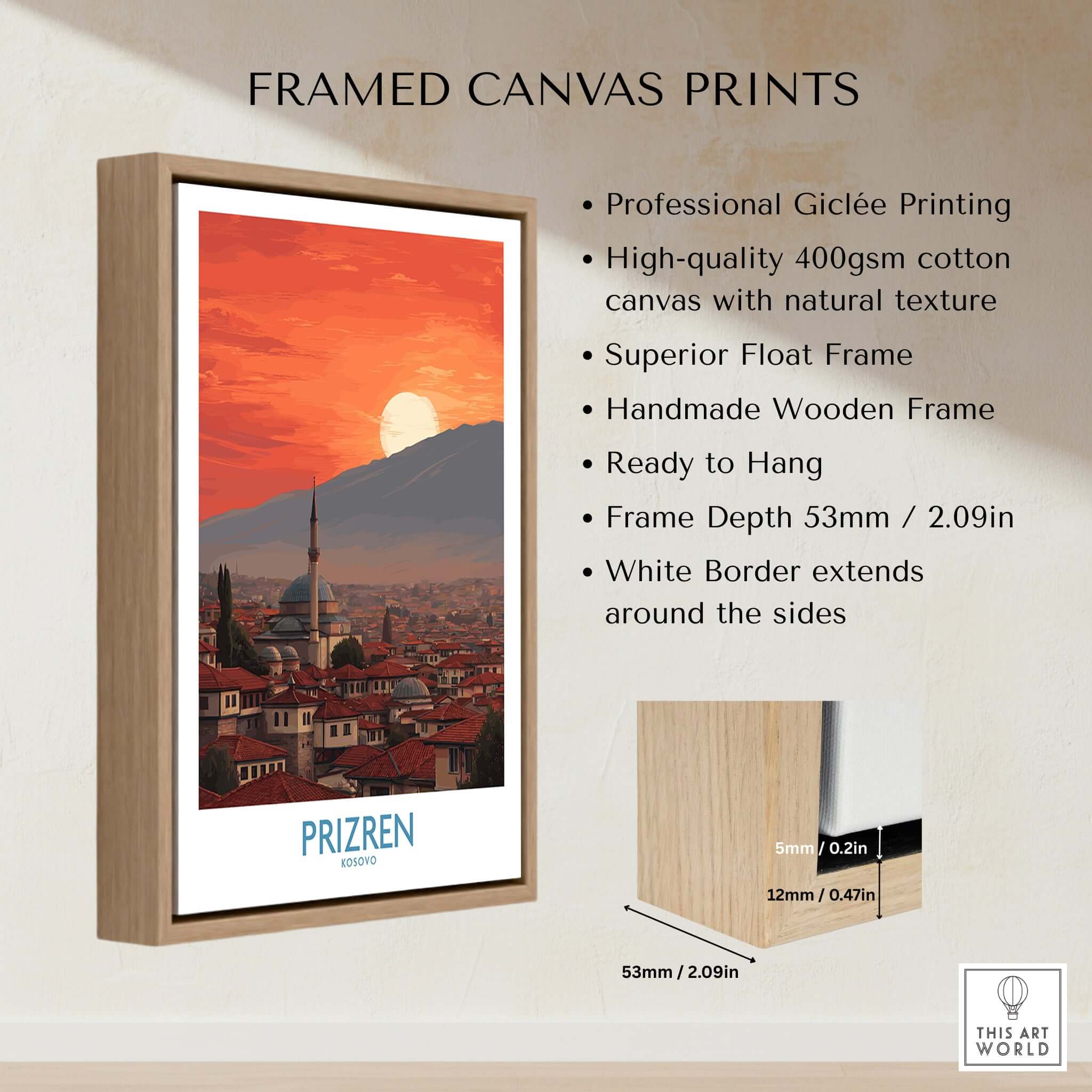 Prizren Kosovo Sunset Old Town Art Print | Sinan Pasha Mosque Poster framed canvas print displaying the beauty of Prizren.