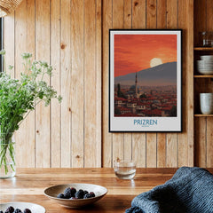 Prizren Kosovo Sunset Old Town Art Print | Sinan Pasha Mosque Poster showcased in a home setting, highlighting its stunning design.