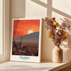 Prizren Kosovo Sunset Old Town Art Print | Sinan Pasha Mosque Poster showcasing a sunset view over historic architecture.