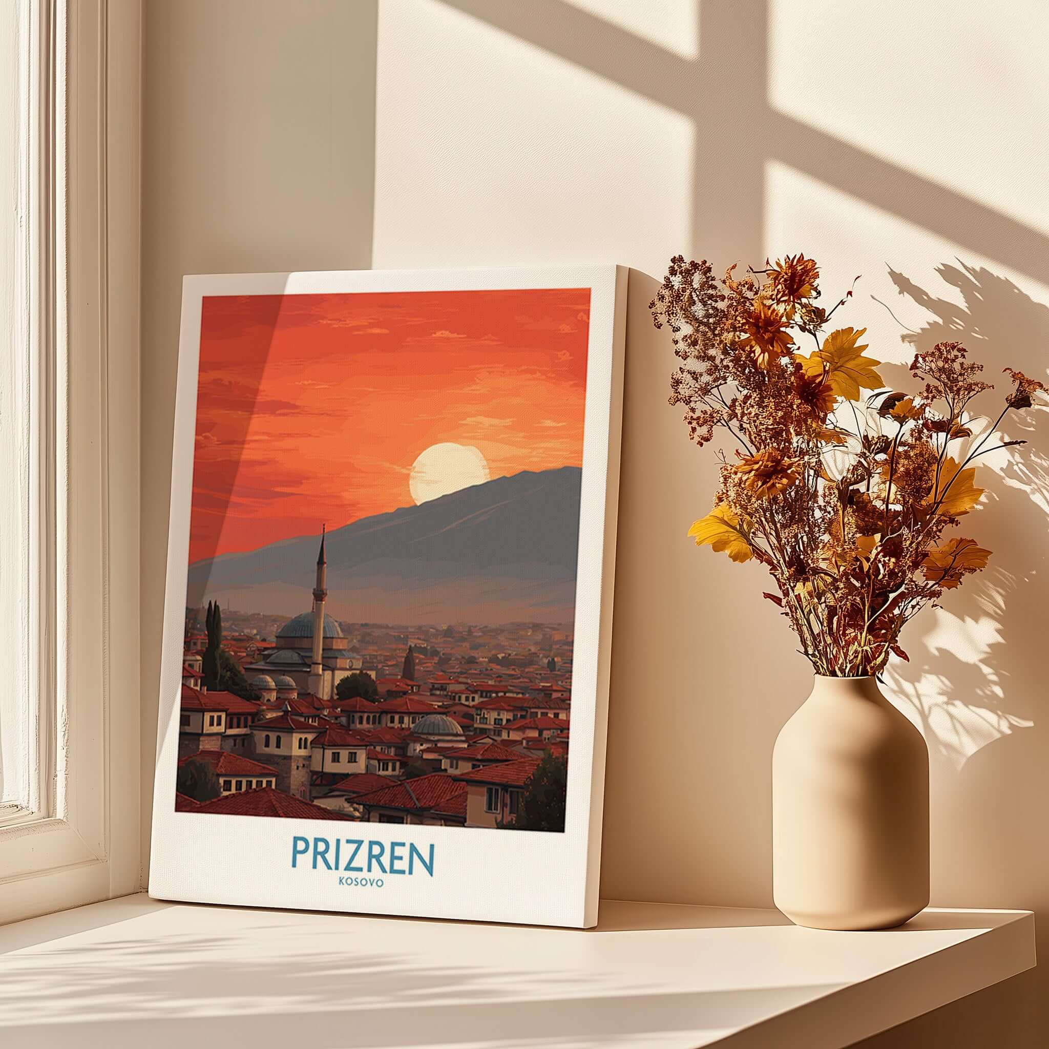 Prizren Kosovo Sunset Old Town Art Print | Sinan Pasha Mosque Poster showcasing a sunset view over historic architecture.