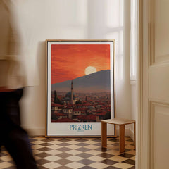 Prizren Kosovo Sunset Old Town Art Print | Sinan Pasha Mosque Poster displayed in a stylish interior with sunset view.