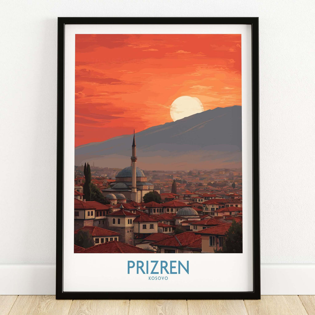Prizren Kosovo Sunset Old Town Art Print | Sinan Pasha Mosque Poster showcasing sunset over historic architecture.