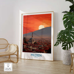 Prizren Kosovo Sunset Old Town Art Print | Sinan Pasha Mosque Poster featuring stunning sunset over Old Town.