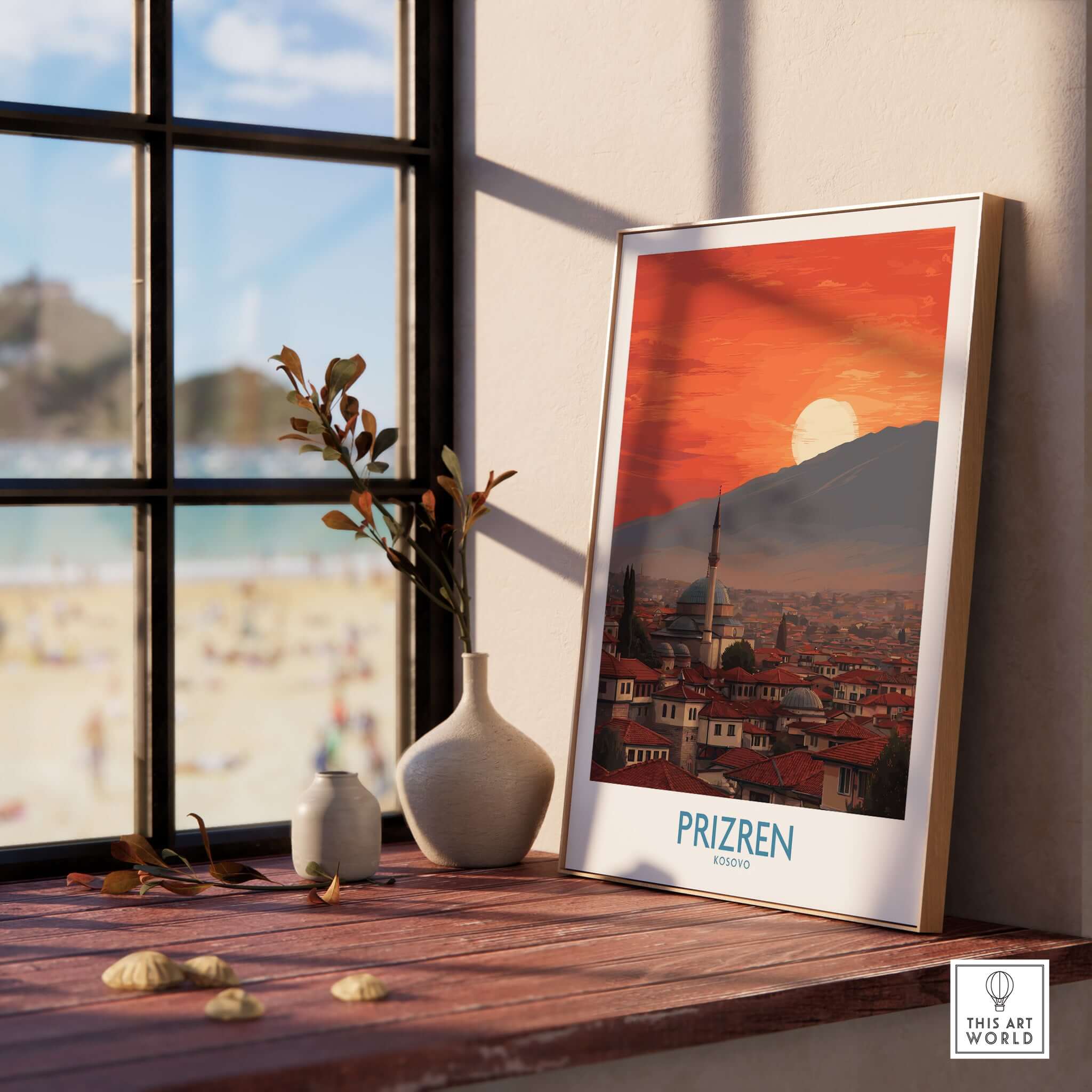 Prizren Kosovo Sunset Old Town Art Print | Sinan Pasha Mosque Poster displayed on a shelf with natural light.