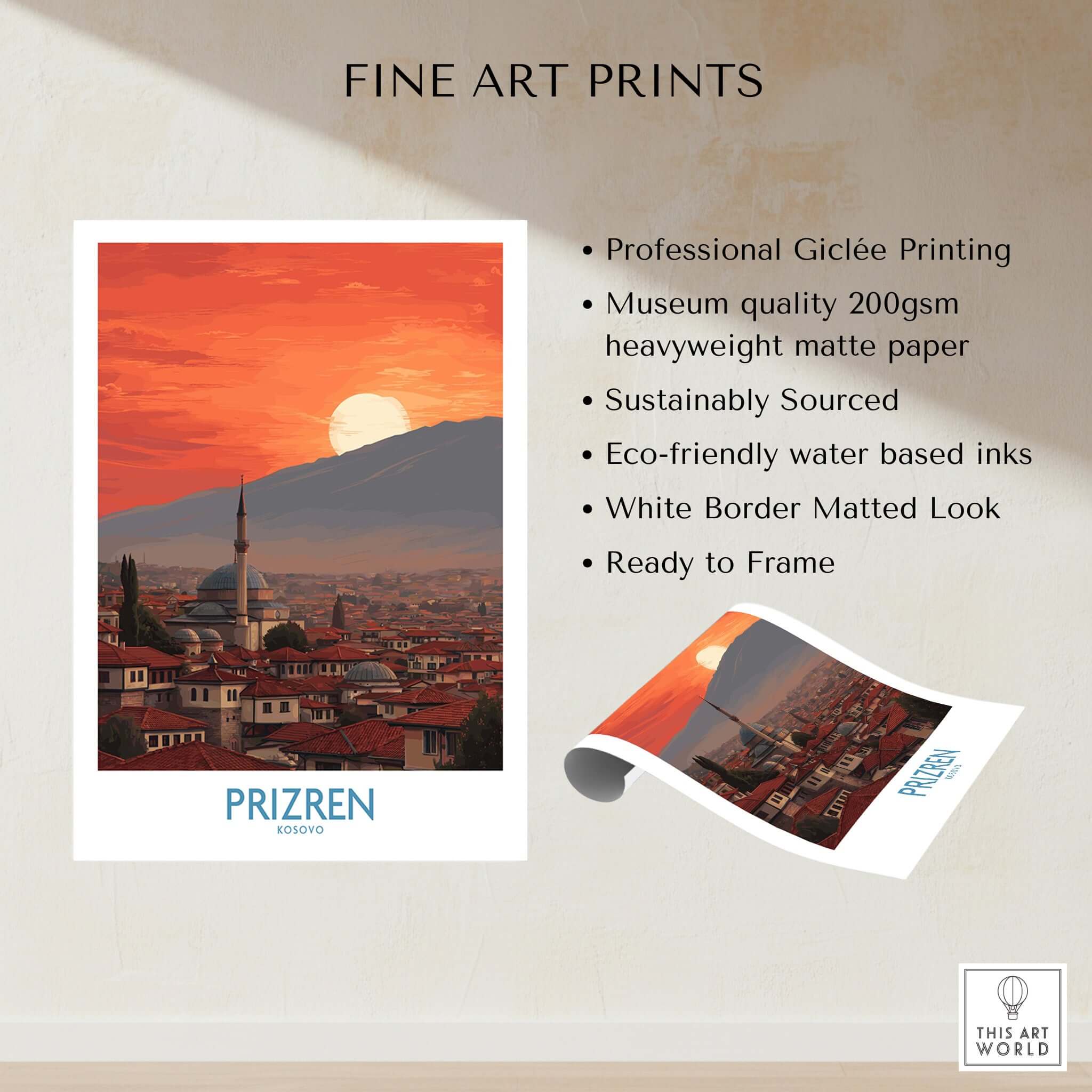 Prizren Kosovo Sunset Old Town Art Print | Sinan Pasha Mosque Poster showcasing a sunset over historic Prizren.