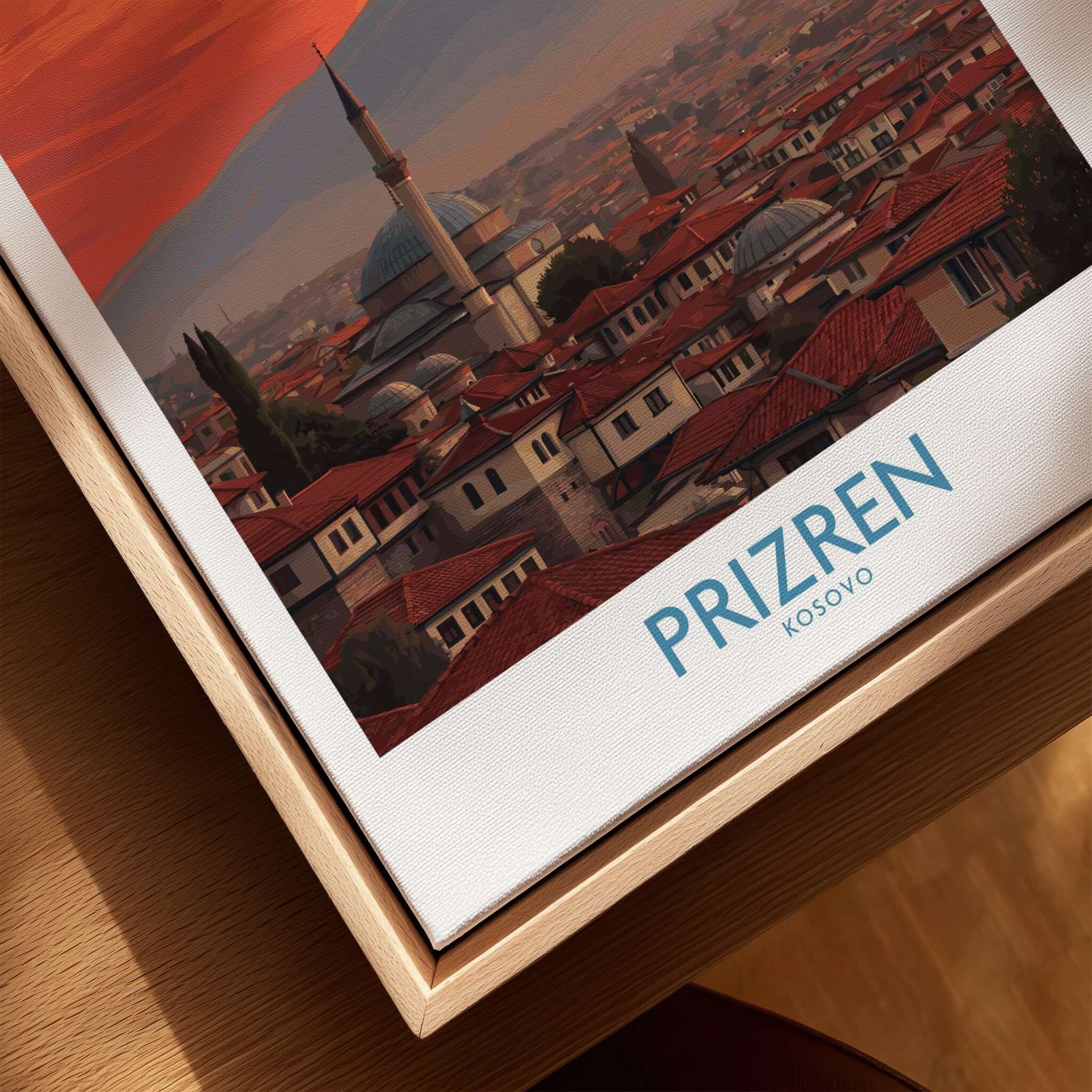 Prizren Kosovo Sunset Old Town Art Print | Sinan Pasha Mosque Poster showcasing the vibrant sunset over historic architecture.