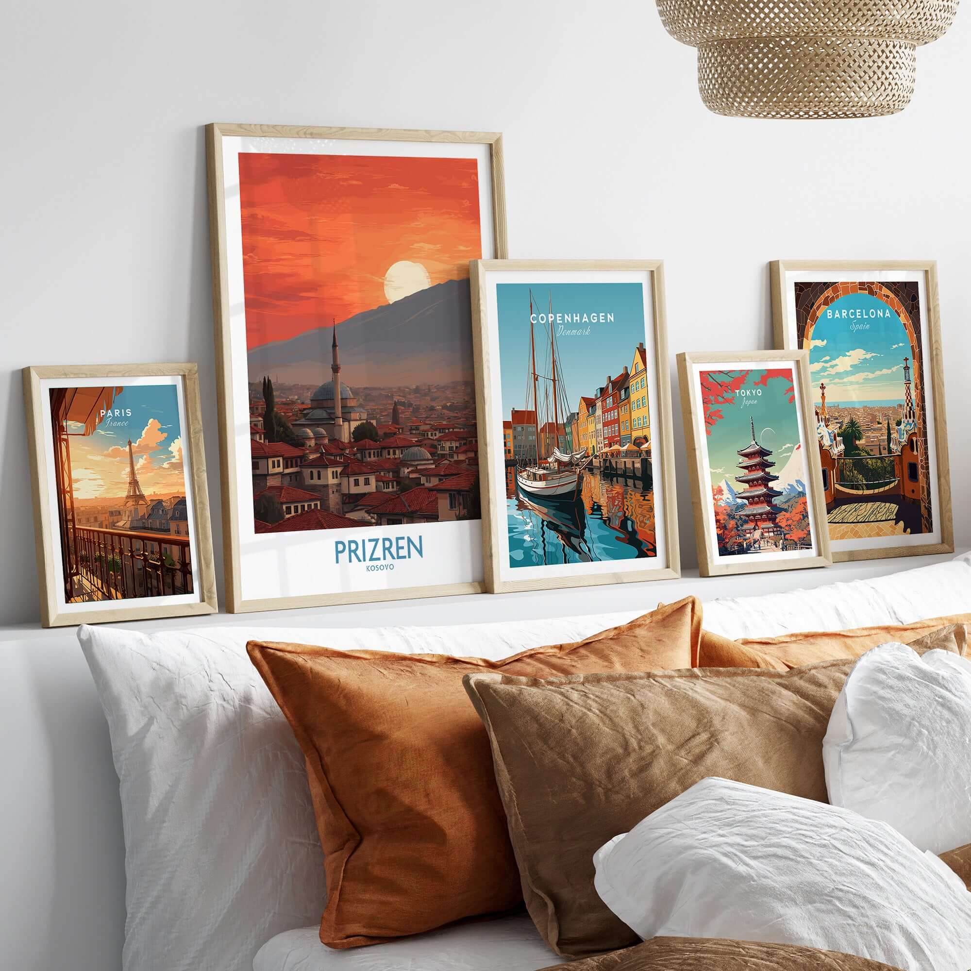 Prizren Kosovo Sunset Old Town Art Print | Sinan Pasha Mosque Poster displayed in a modern living room setting.