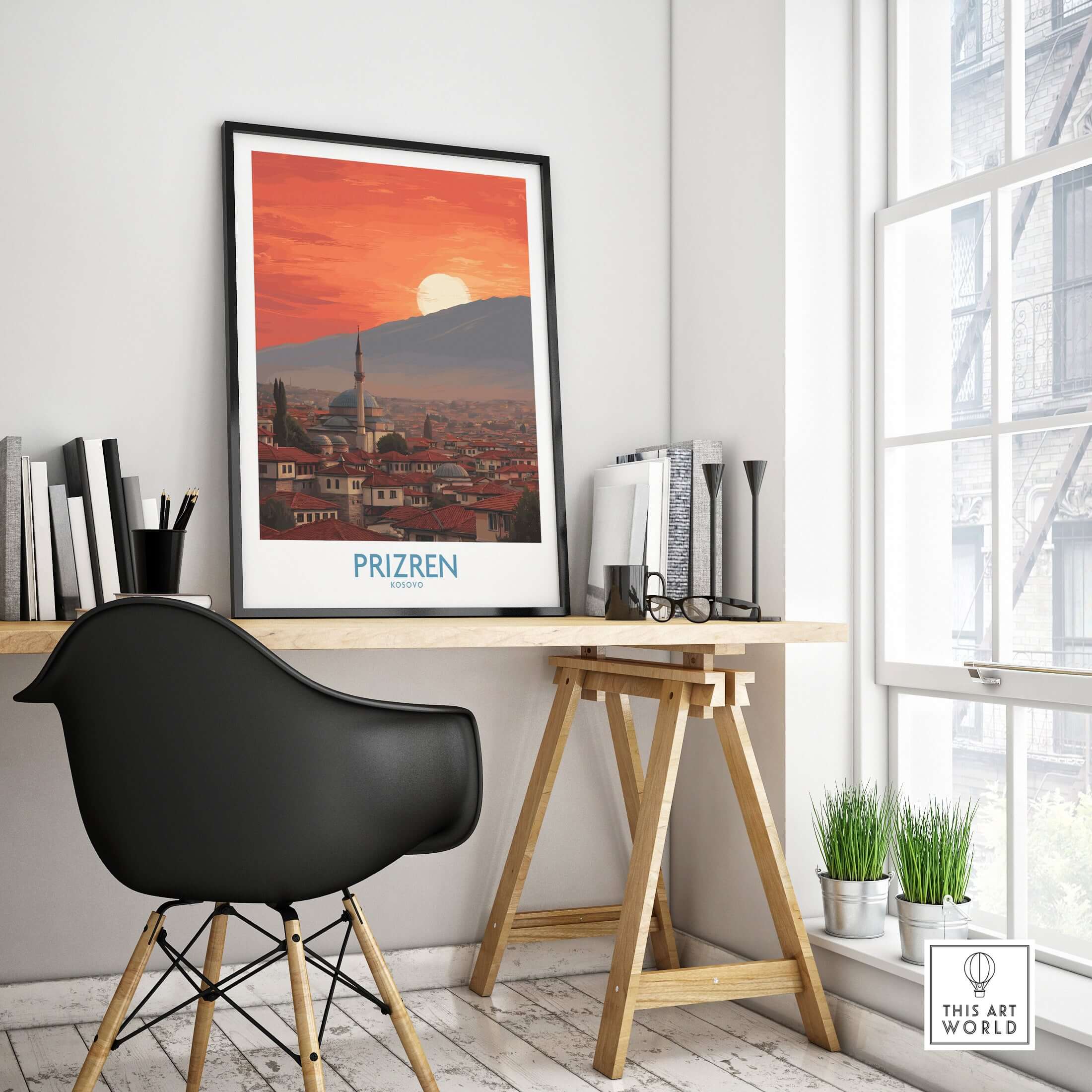 Prizren Kosovo Sunset Old Town Art Print | Sinan Pasha Mosque Poster displayed in a modern interior space.