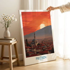 Prizren Kosovo Sunset Old Town Art Print | Sinan Pasha Mosque Poster showcasing sunset over historic skyline.