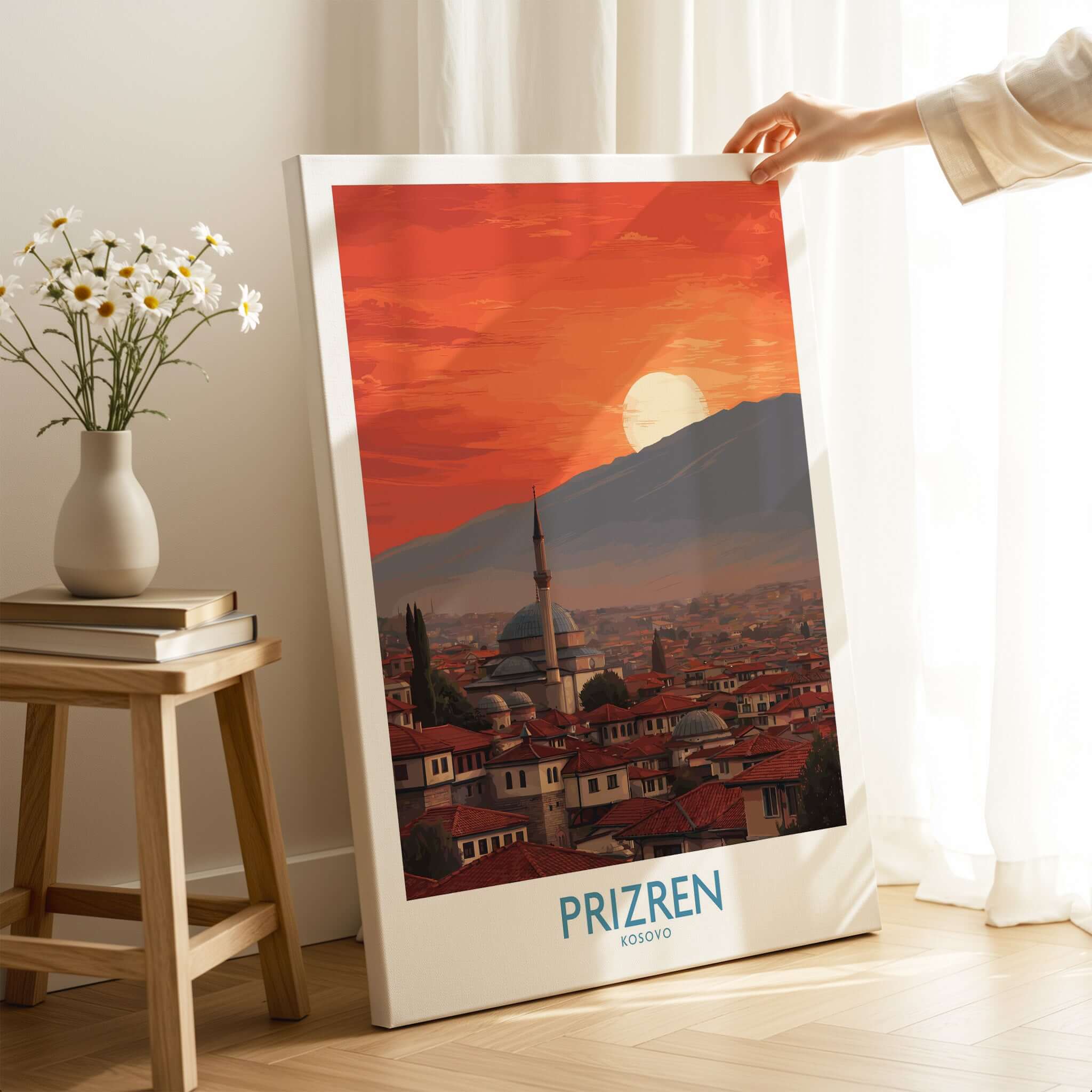Prizren Kosovo Sunset Old Town Art Print | Sinan Pasha Mosque Poster showcasing sunset over historic skyline.