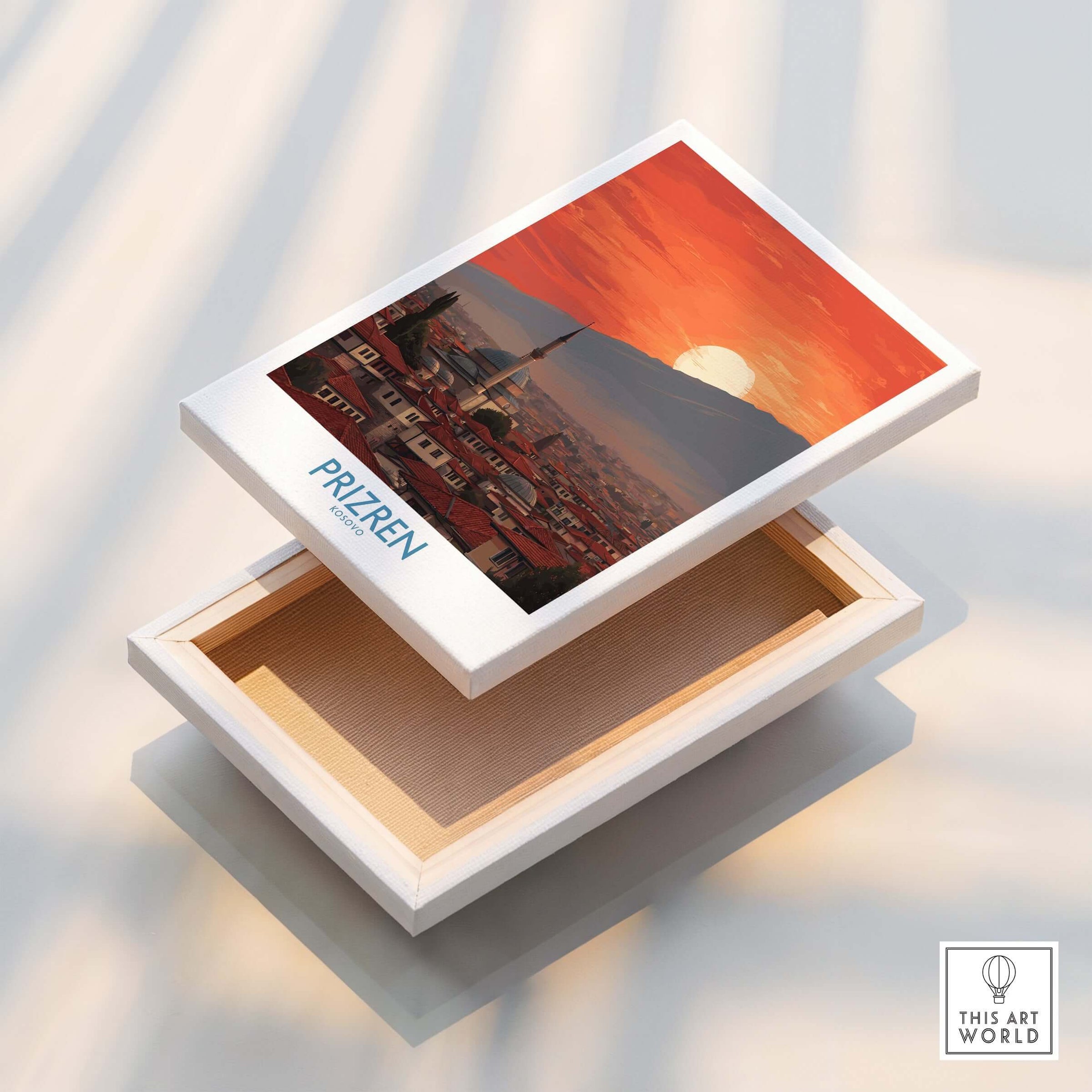 Prizren Kosovo Sunset Old Town Art Print | Sinan Pasha Mosque Poster displayed on a wooden box.