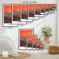 Prizren Kosovo Sunset Old Town Art Print | Sinan Pasha Mosque Poster size guide with various frame sizes showcased.