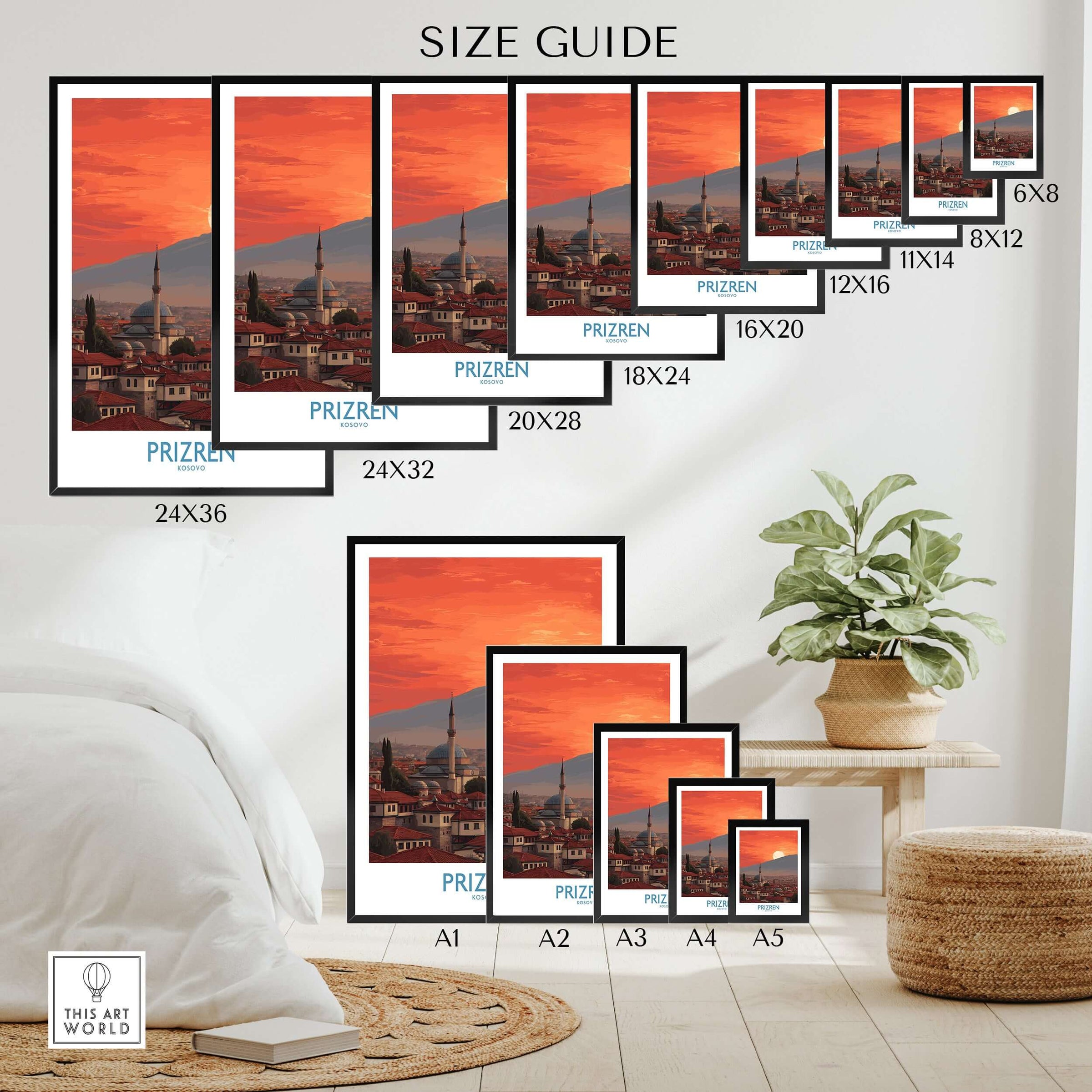 Prizren Kosovo Sunset Old Town Art Print | Sinan Pasha Mosque Poster size guide with various frame sizes showcased.