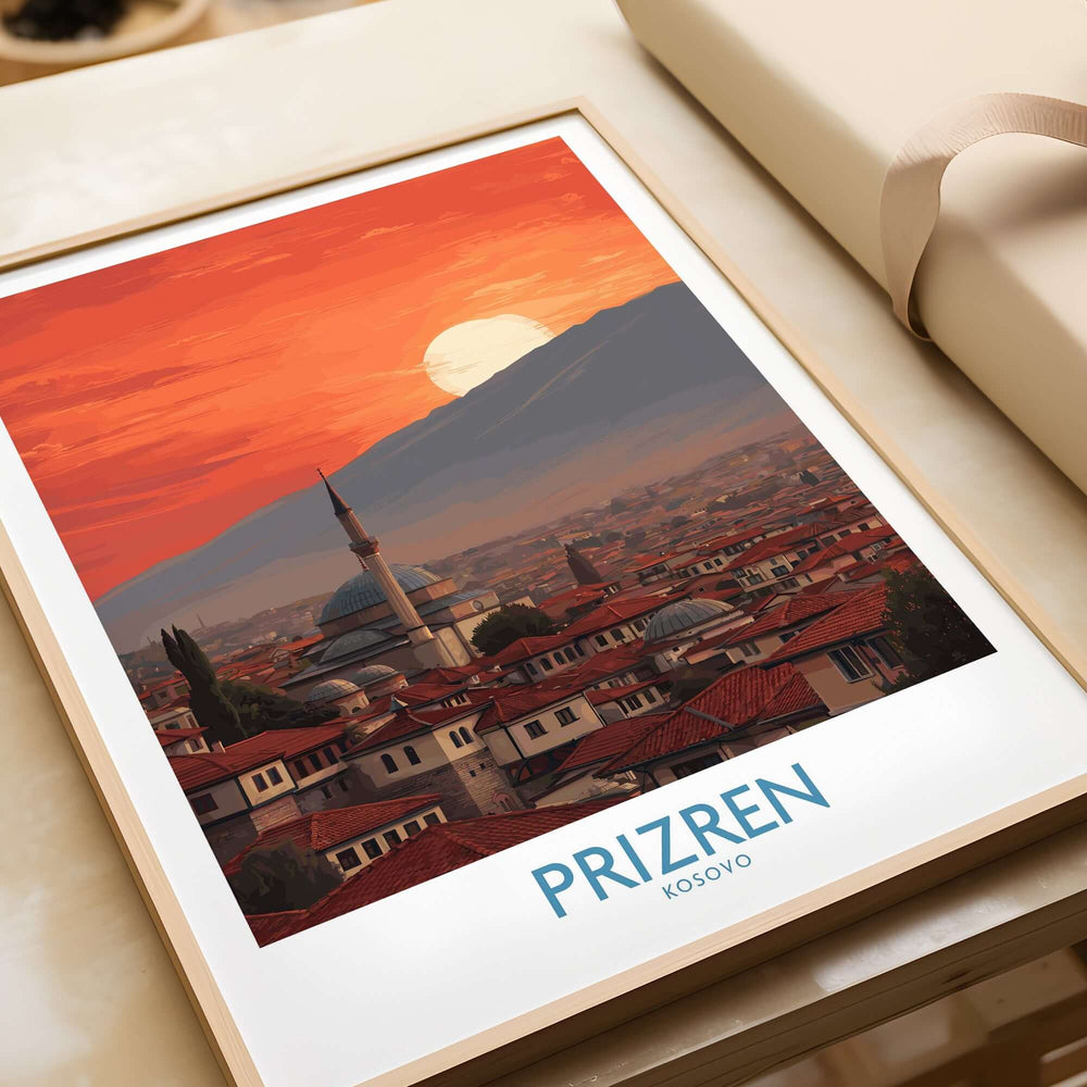 Prizren Kosovo Sunset Old Town Art Print | Sinan Pasha Mosque Poster showcasing sunset over the historic town.