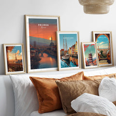 Prizren Old Town Canvas Print | Kosovo City Wall Art displayed among various framed city prints.