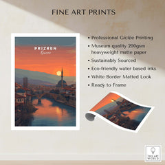 Prizren Old Town Canvas Print | Kosovo City Wall Art showcasing sunset over historic architecture.
