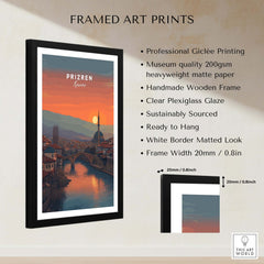 Prizren Old Town Canvas Print | Kosovo City Wall Art framed art print with sunset view and clear plexiglass.