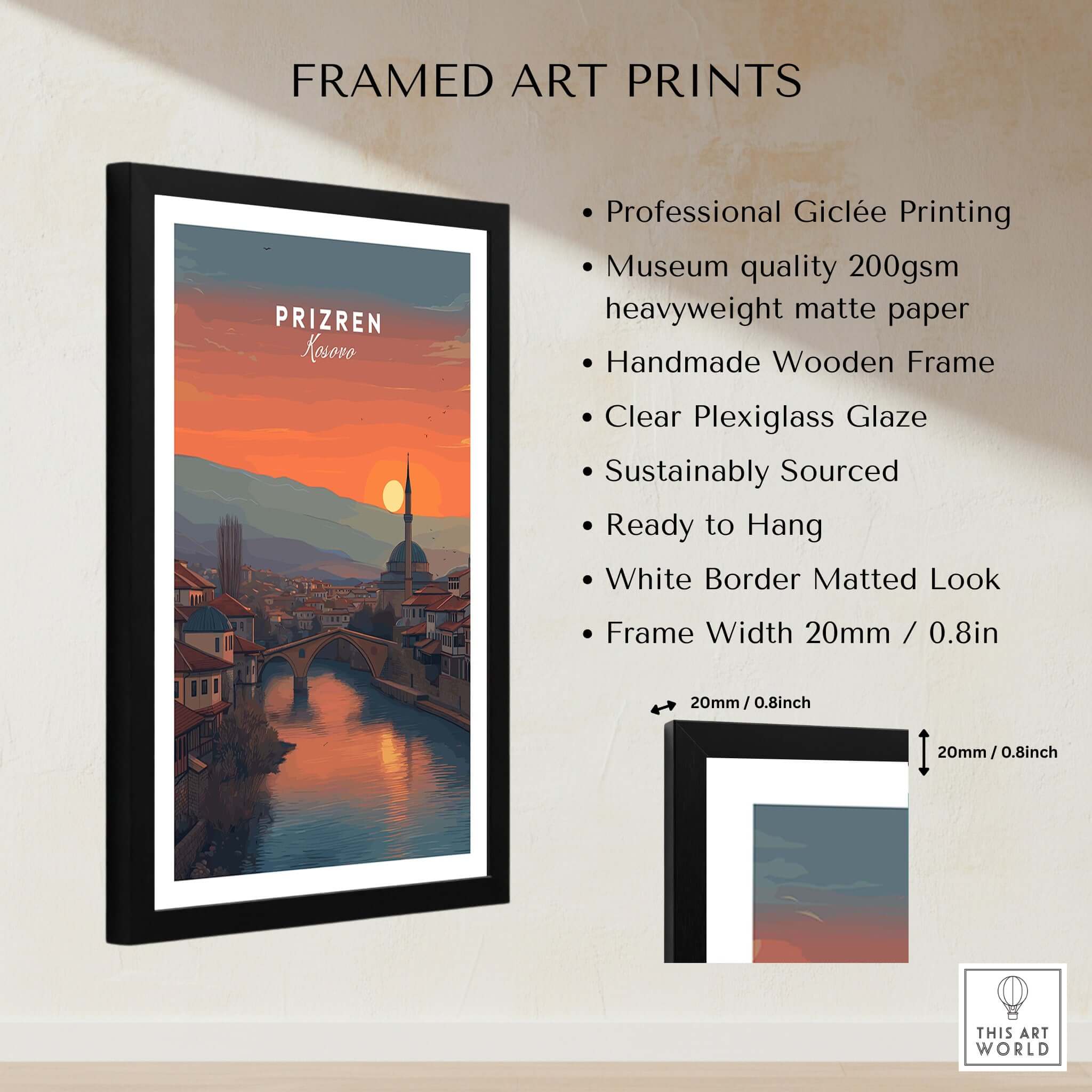 Prizren Old Town Canvas Print | Kosovo City Wall Art framed art print with sunset view and clear plexiglass.