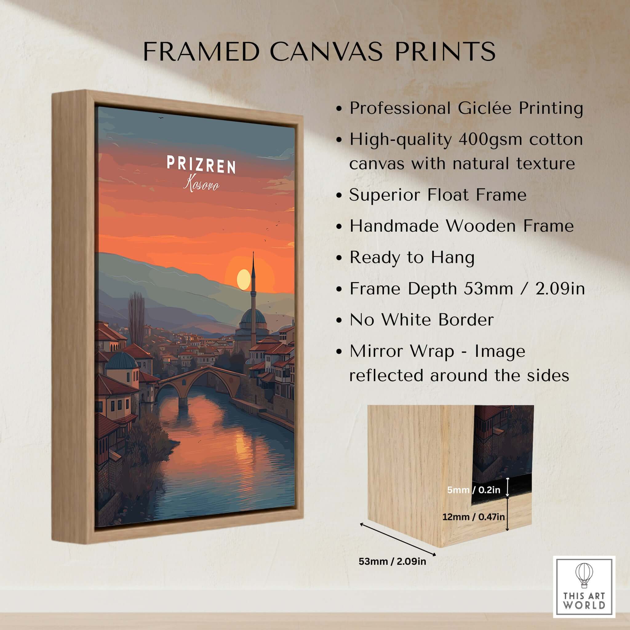 Prizren Old Town Canvas Print | Kosovo City Wall Art featuring sunset over Prizren in framed Giclée quality design.