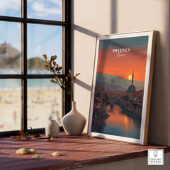Prizren Old Town Canvas Print | Kosovo City Wall Art in a sunlit interior setting, showcasing the enchanting sunset over Prizren.