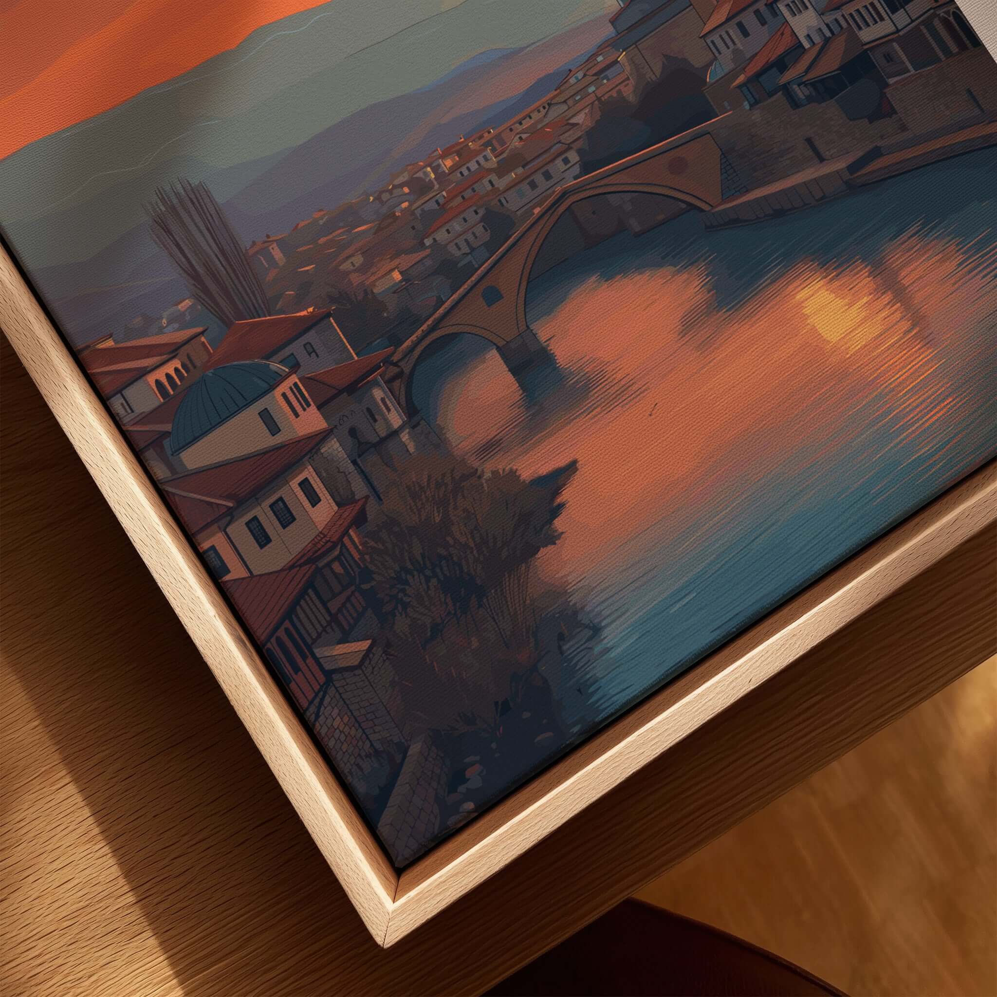 Prizren Old Town Canvas Print | Kosovo City Wall Art depicting a sunset over the historic town and river.