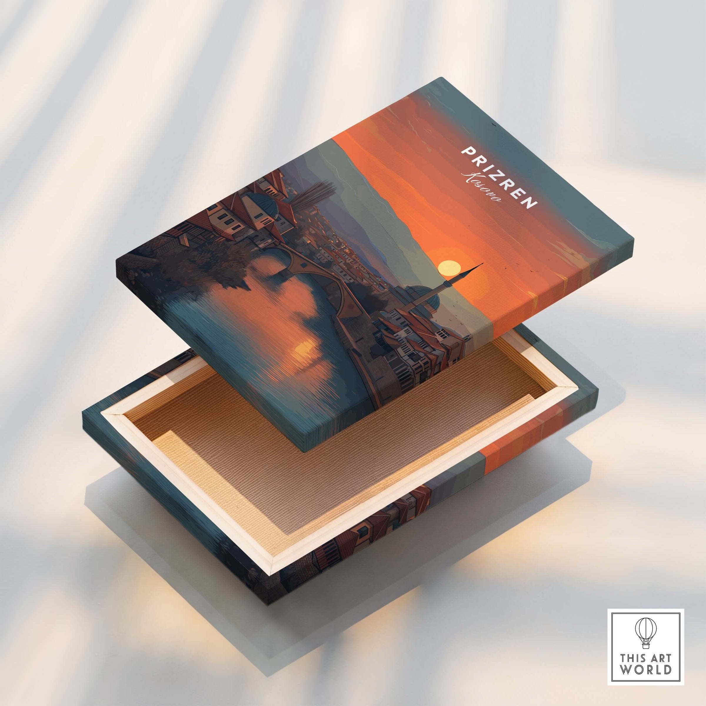 Prizren Old Town Canvas Print | Kosovo City Wall Art artistic box design featuring sunset over Prizren.