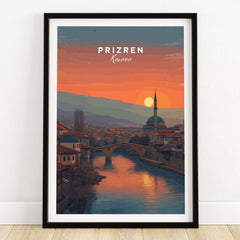 Prizren Old Town Canvas Print | Kosovo City Wall Art depicting a sunset over Prizren's historic architecture.