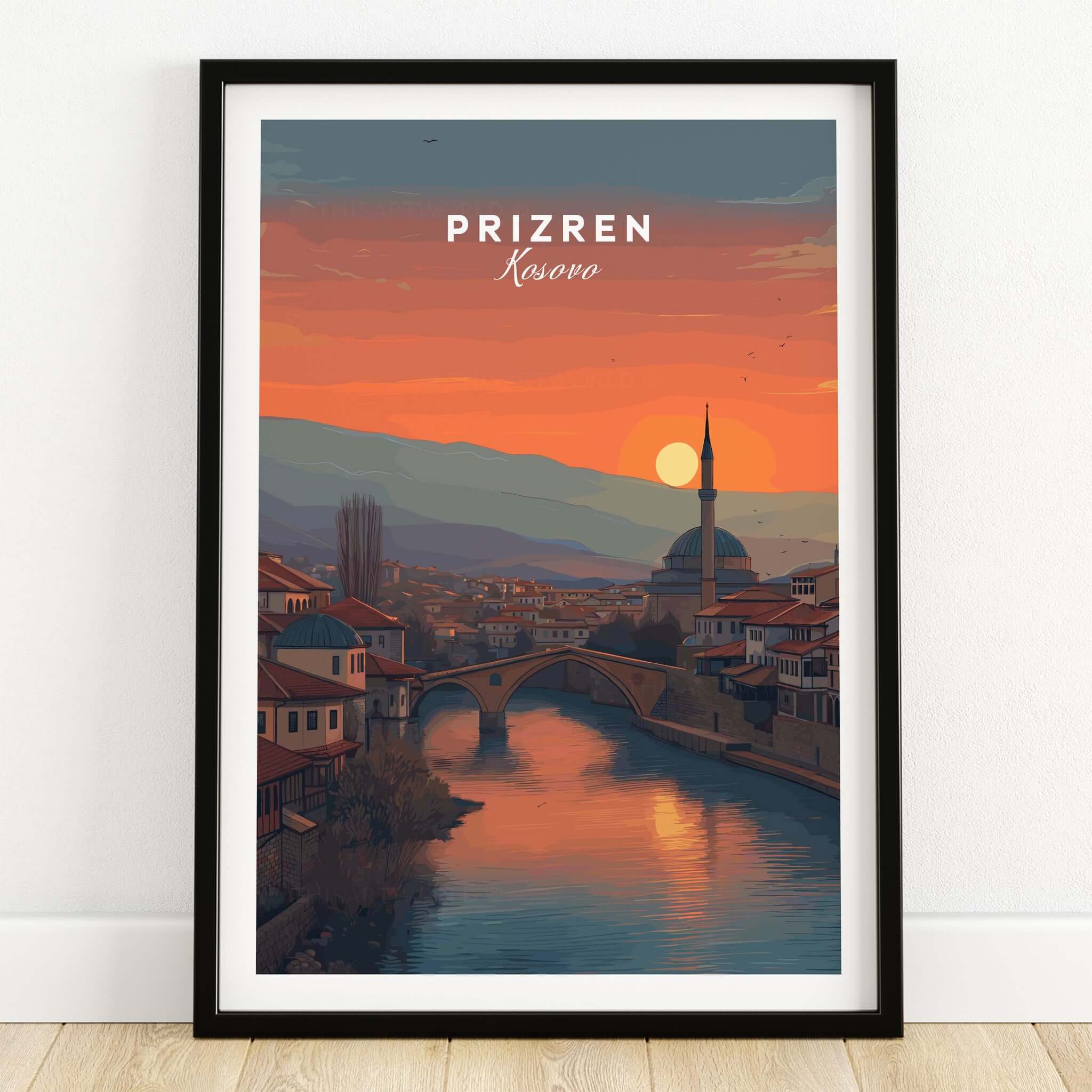 Prizren Old Town Canvas Print | Kosovo City Wall Art depicting a sunset over Prizren's historic architecture.