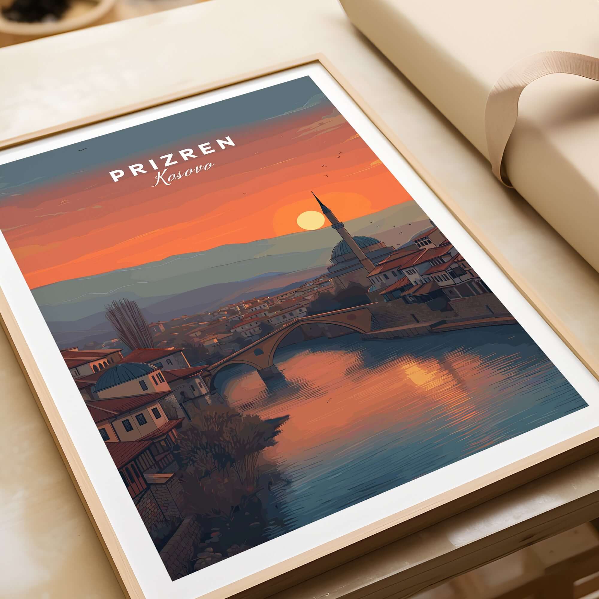 Prizren Old Town Canvas Print | Kosovo City Wall Art featuring a sunset view over the historic town.
