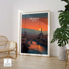 Prizren Old Town Canvas Print | Kosovo City Wall Art showcasing sunset over Prizren's architecture and river.