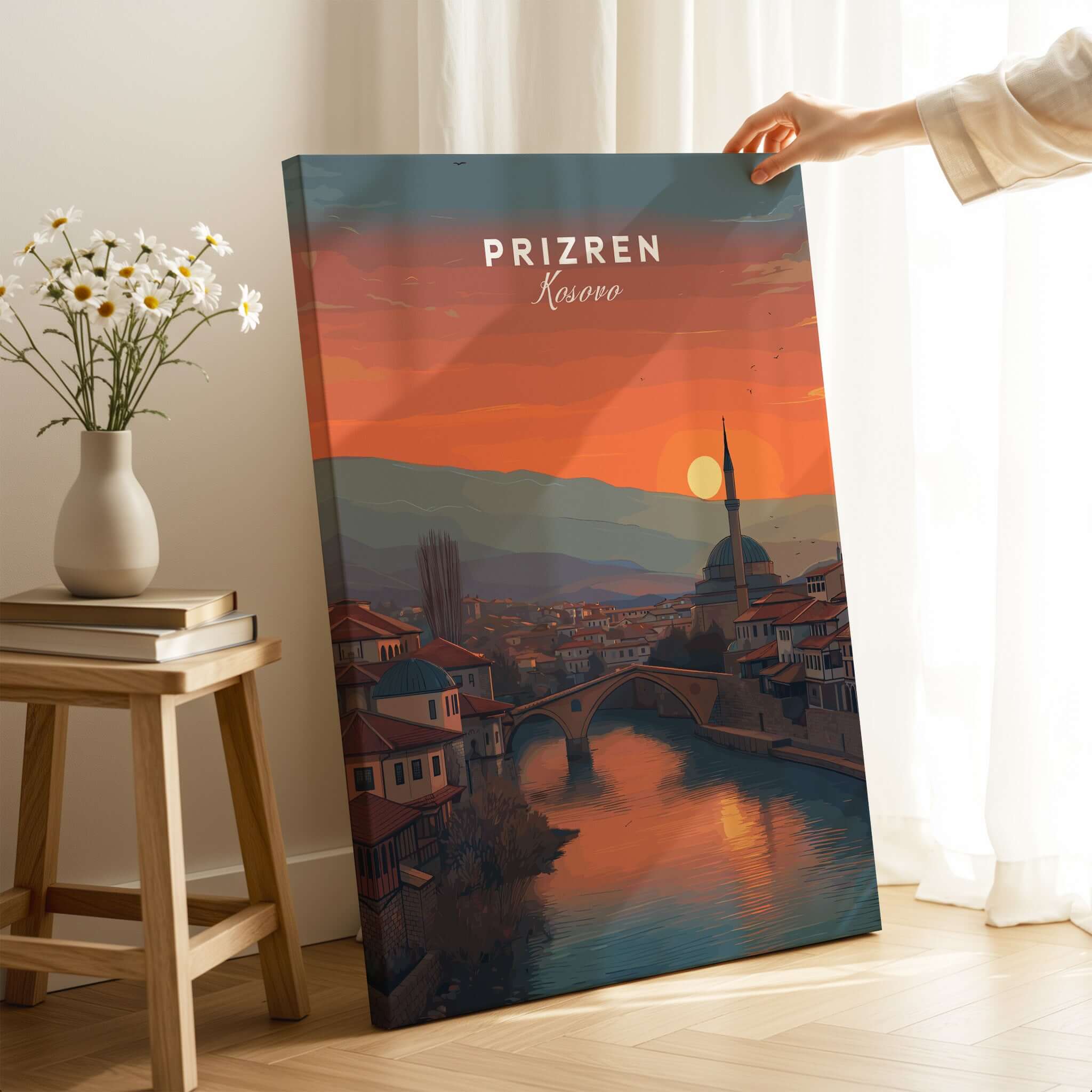 Prizren Old Town Canvas Print | Kosovo City Wall Art featuring a sunset view of Prizren, Kosovo.