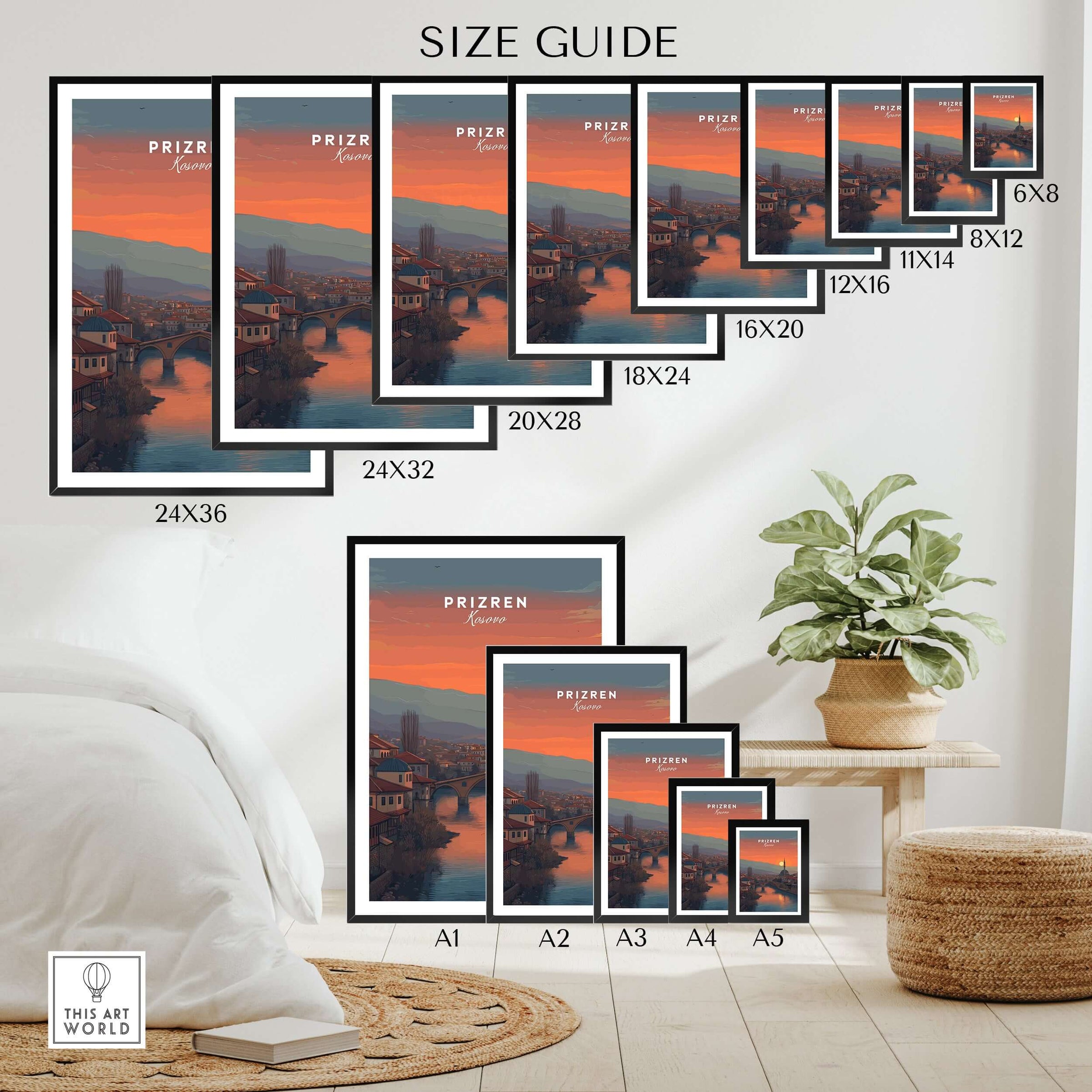 Prizren Old Town Canvas Print | Kosovo City Wall Art size guide showcasing various print dimensions.