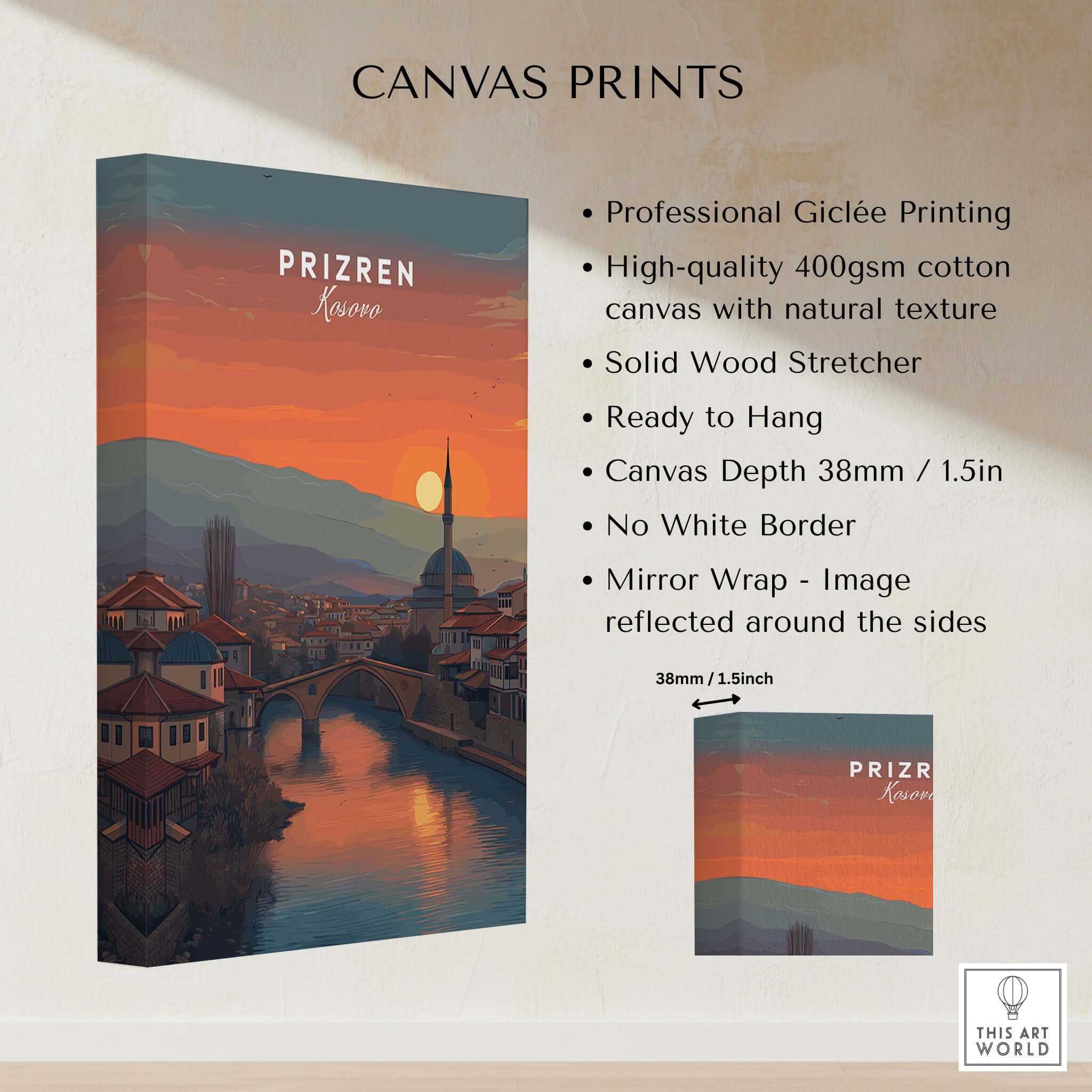 Prizren Old Town Canvas Print | Kosovo City Wall Art showcasing professional giclée quality with sunset colors.