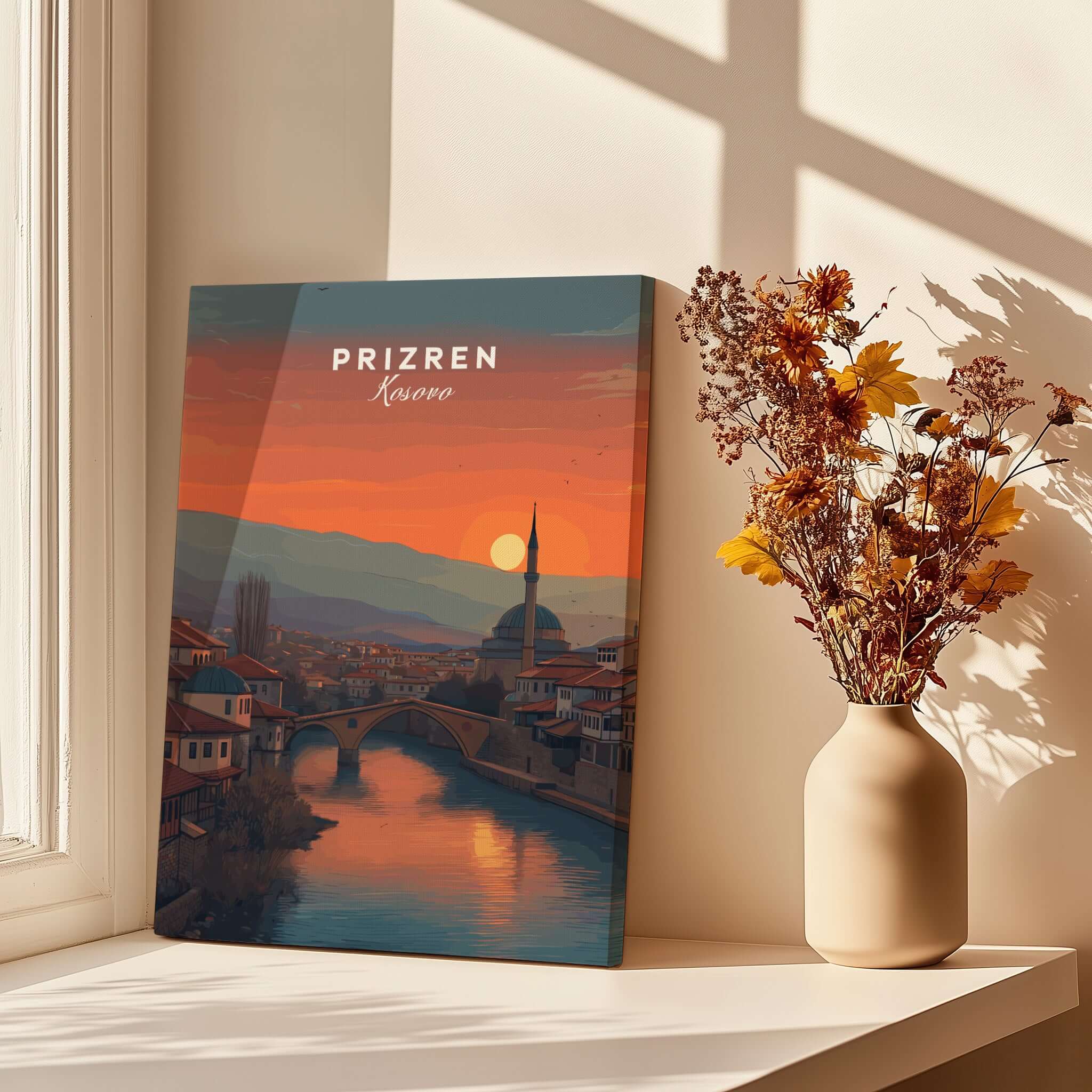 Prizren Old Town Canvas Print | Kosovo City Wall Art featuring a sunset over the city's architecture.