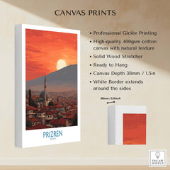 Prizren Kosovo Sunset Old Town Art Print | Sinan Pasha Mosque Poster displayed on canvas with professional printing details.