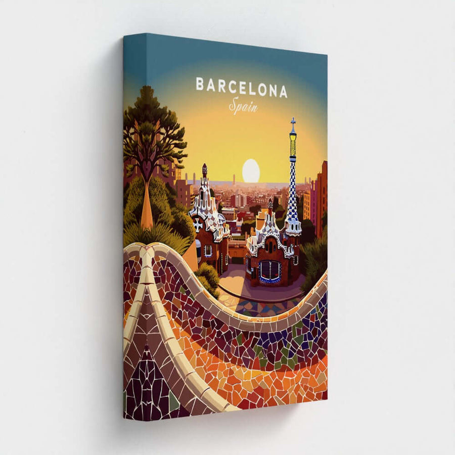 Barcelona travel poster canvas art featuring Park Güell mosaic wall and city skyline at sunset