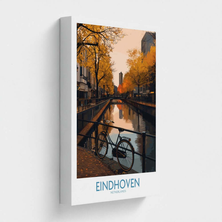 Eindhoven Netherlands travel poster with bike by a canal and autumn trees wall art