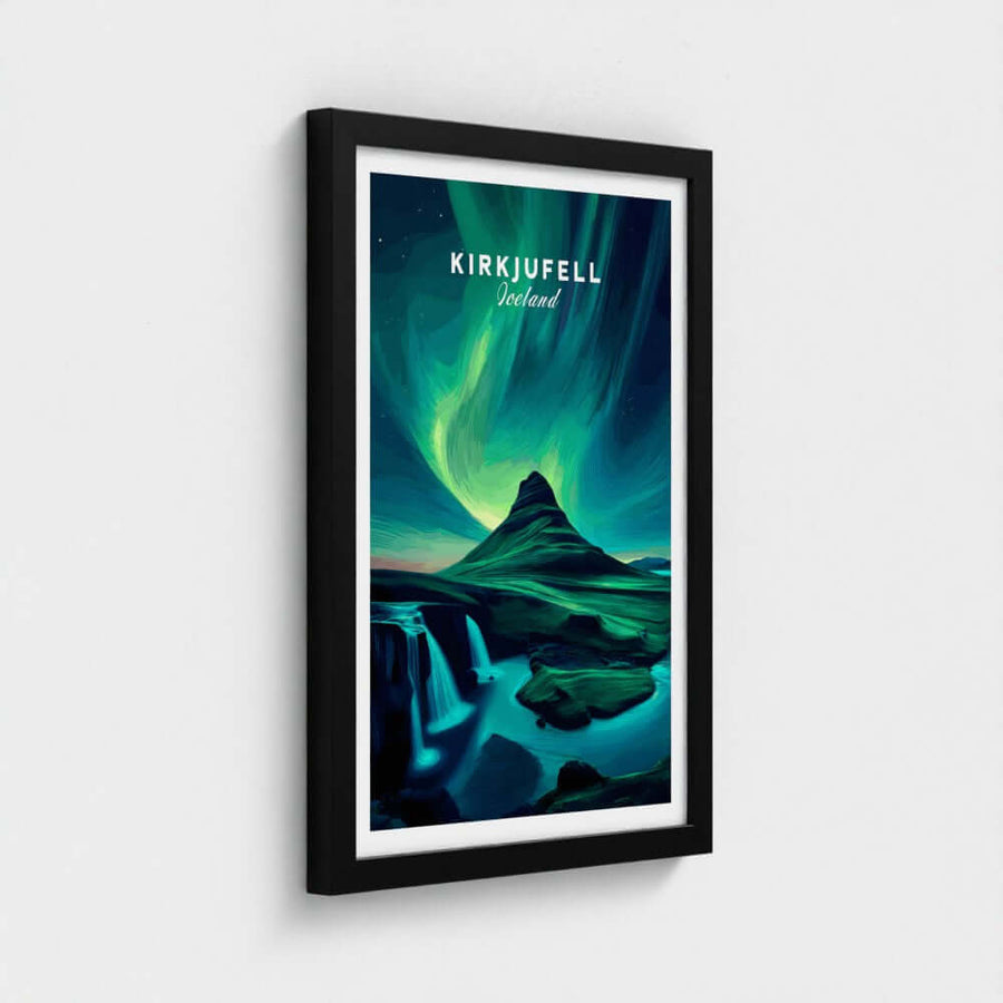 Framed Kirkjufell Iceland travel poster with northern lights and mountain landscape wall art