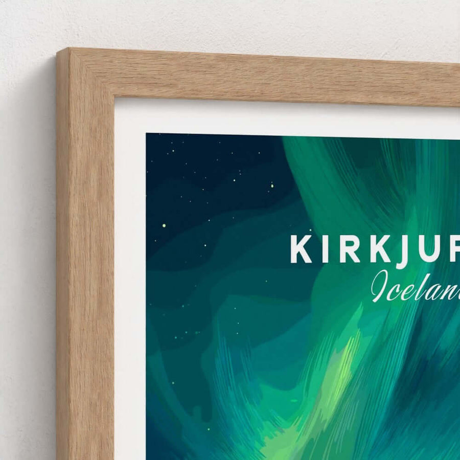 Framed Kirkjufell Iceland travel art print with aurora borealis illustration on wall