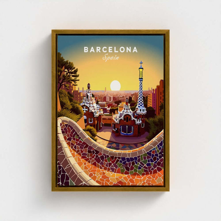 Barcelona travel poster featuring Park Güell mosaic and sunset, vibrant wall art print